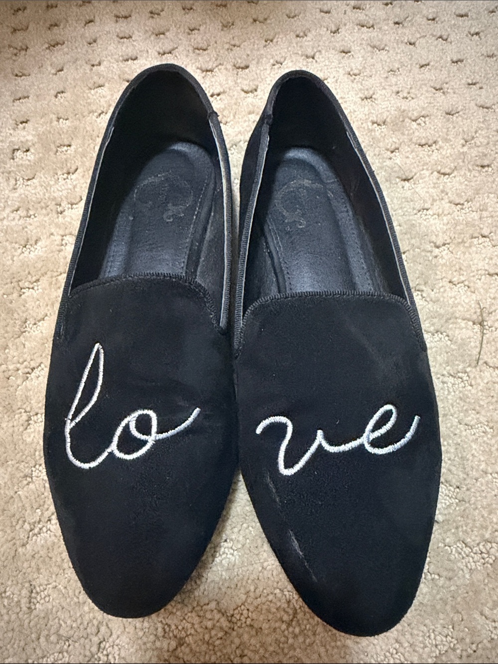 C. Wonder Black Suede Slip-On Loafers with White 'love' Script